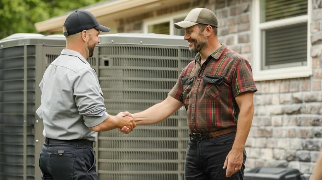 HVAC technician shaking hands with a happy customer in front of an AC unit. Reliable AC repair and maintenance service in Miami, FL.
