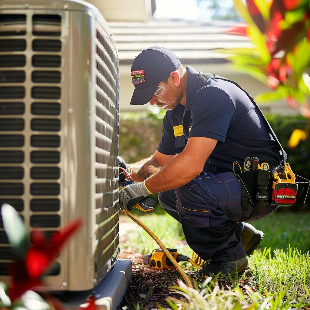 HVAC technician performing maintenance on an outdoor air conditioning unit in a residential setting, emphasizing professional AC repair services in Hialeah.