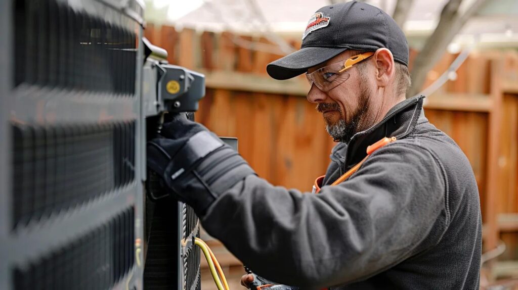 Air conditioner repair. HVAC technician servicing AC unit. Air conditioning maintenance in Miami, FL. Expert AC repair services.