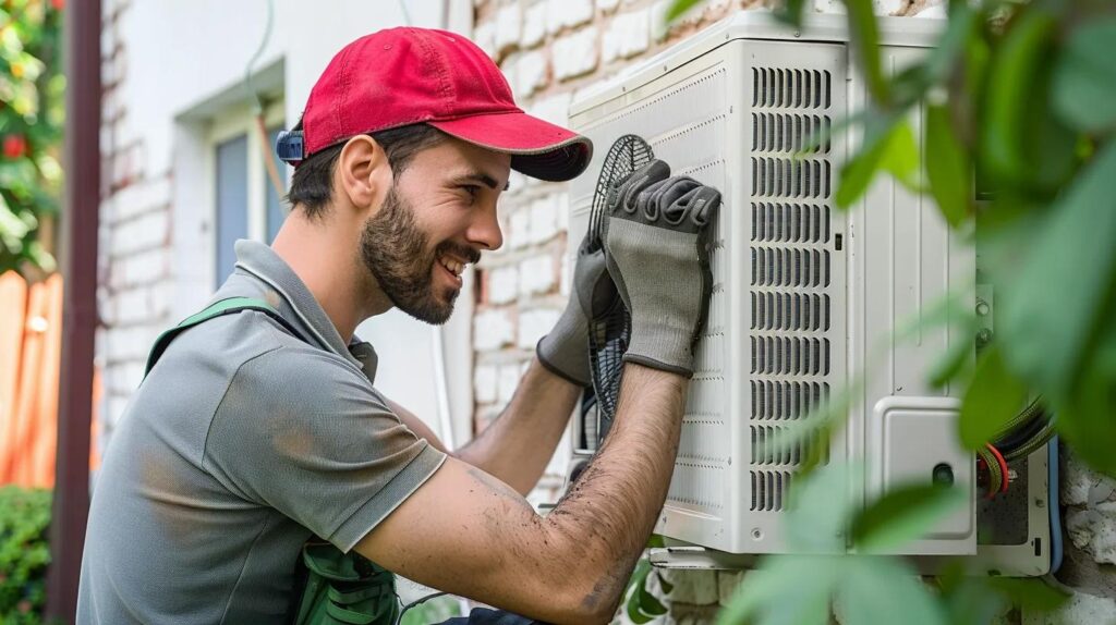 Air conditioner repair. Technician working on an air conditioning unit. AC repair and maintenance in Miami, FL. HVAC service.