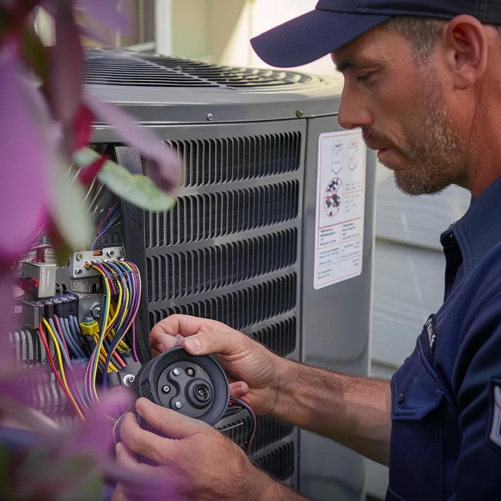 Air Conditioning Repair: HVAC technician servicing an air conditioning unit. Professional AC repair and maintenance in Miami, FL.