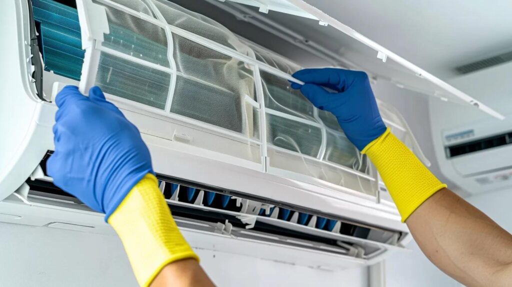 Air conditioner installation in Miami, FL. Technician installing a new AC unit filter for optimal air quality and system performance.