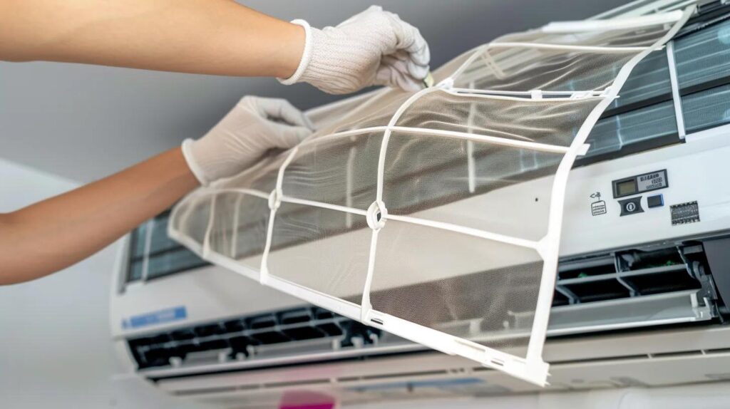 AC filter replacement. Hands in gloves installing a new air conditioning filter. Air conditioning installed for cleaner air in Miami, FL.