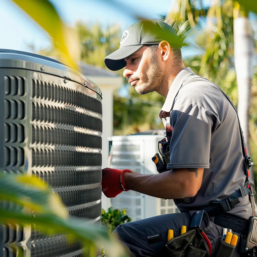 HVAC repair service in Miami, FL. Technician repairing an air conditioning unit outdoors. AC repair and maintenance for home cooling systems.