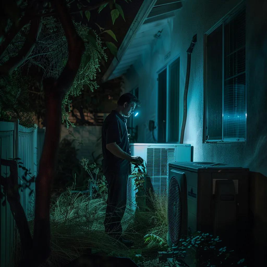 HVAC technician working on an air conditioner unit at night. Air conditioning repair services in Miami, FL. Residential AC maintenance.
