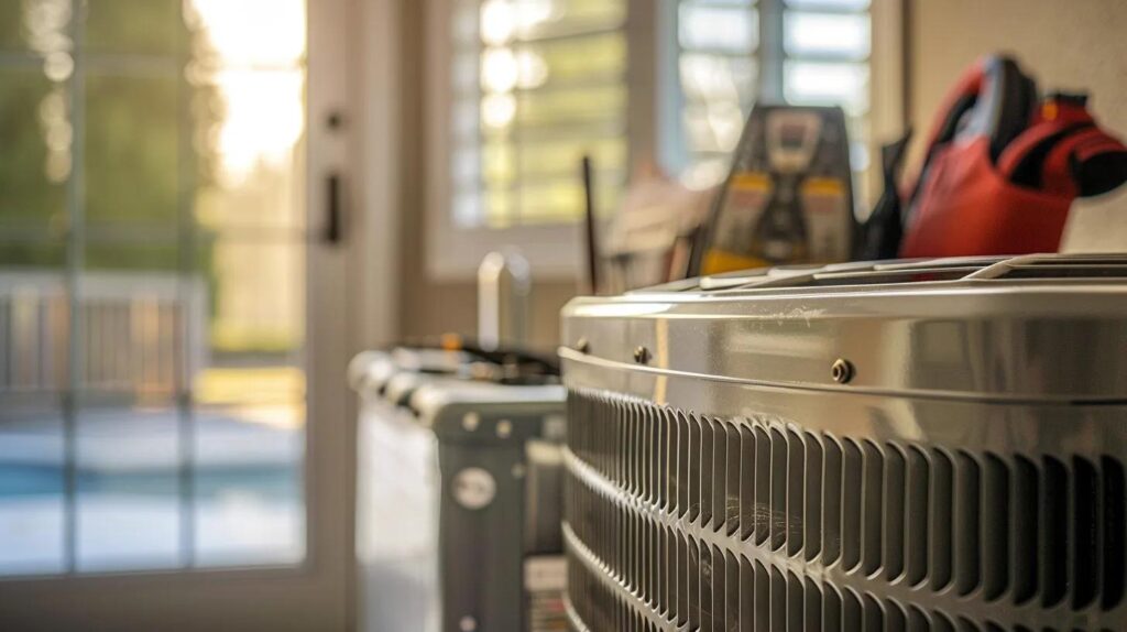 HVAC setting with an air conditioning unit and tools. AC repair service in Miami, FL. Focus on home comfort and system maintenance.