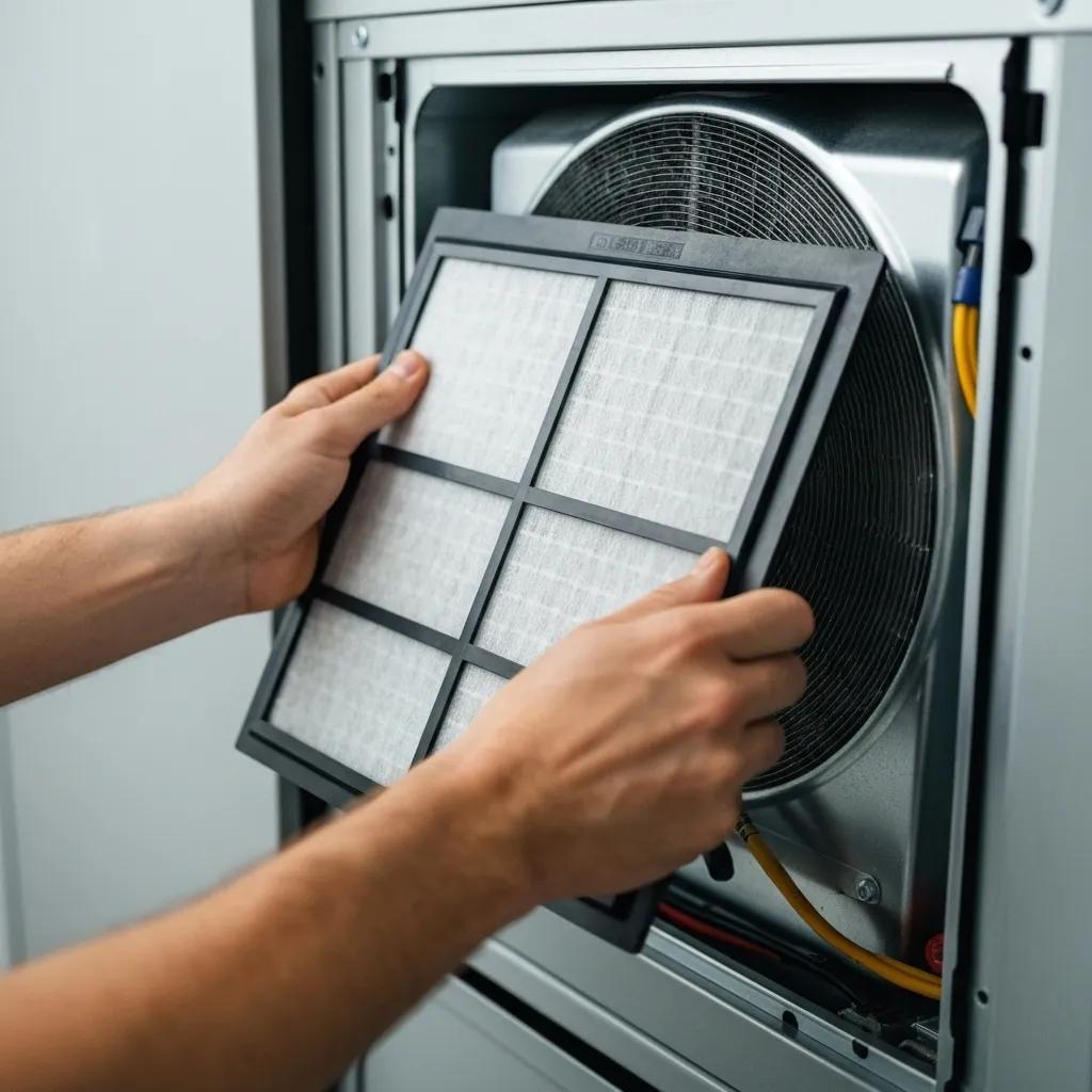Air filter replacement. Hands holding a dirty air conditioning filter in front of the unit, showing the need for regular AC maintenance.