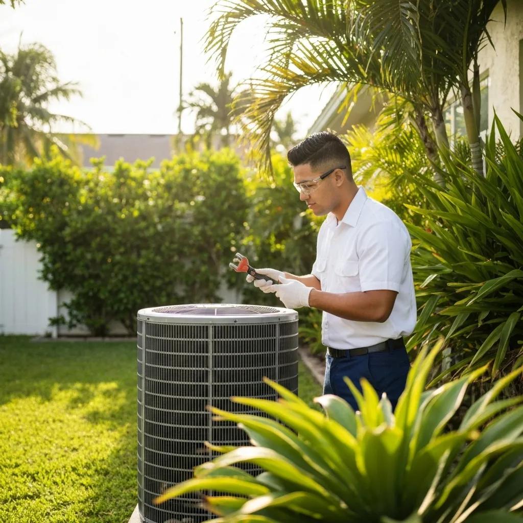 HVAC technician inspecting air conditioning unit in Hialeah's lush garden, emphasizing seasonal maintenance and efficiency.