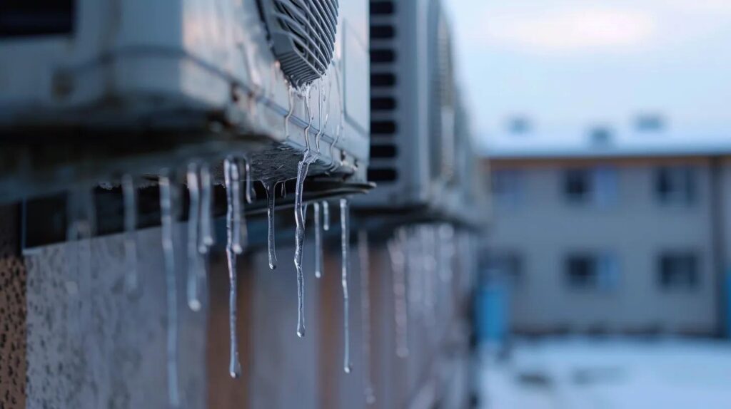Frozen AC units with icicles. Winter HVAC issues, possibly in Miami, FL. Air conditioning repair needed due to cold weather damage.
