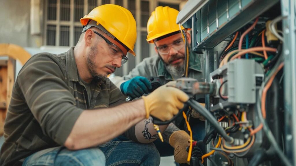 HVAC technicians repairing an air conditioning unit. AC repair service professionals wearing hard hats work on wires. Miami, FL.