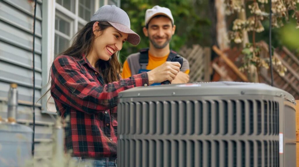 HVAC technicians inspecting an air conditioning unit. AC maintenance and repair by professionals in Miami, FL.
