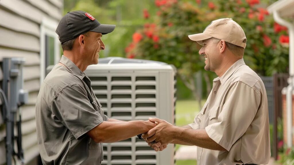 Two HVAC technicians shaking hands in front of an AC unit, showcasing AC repair service.