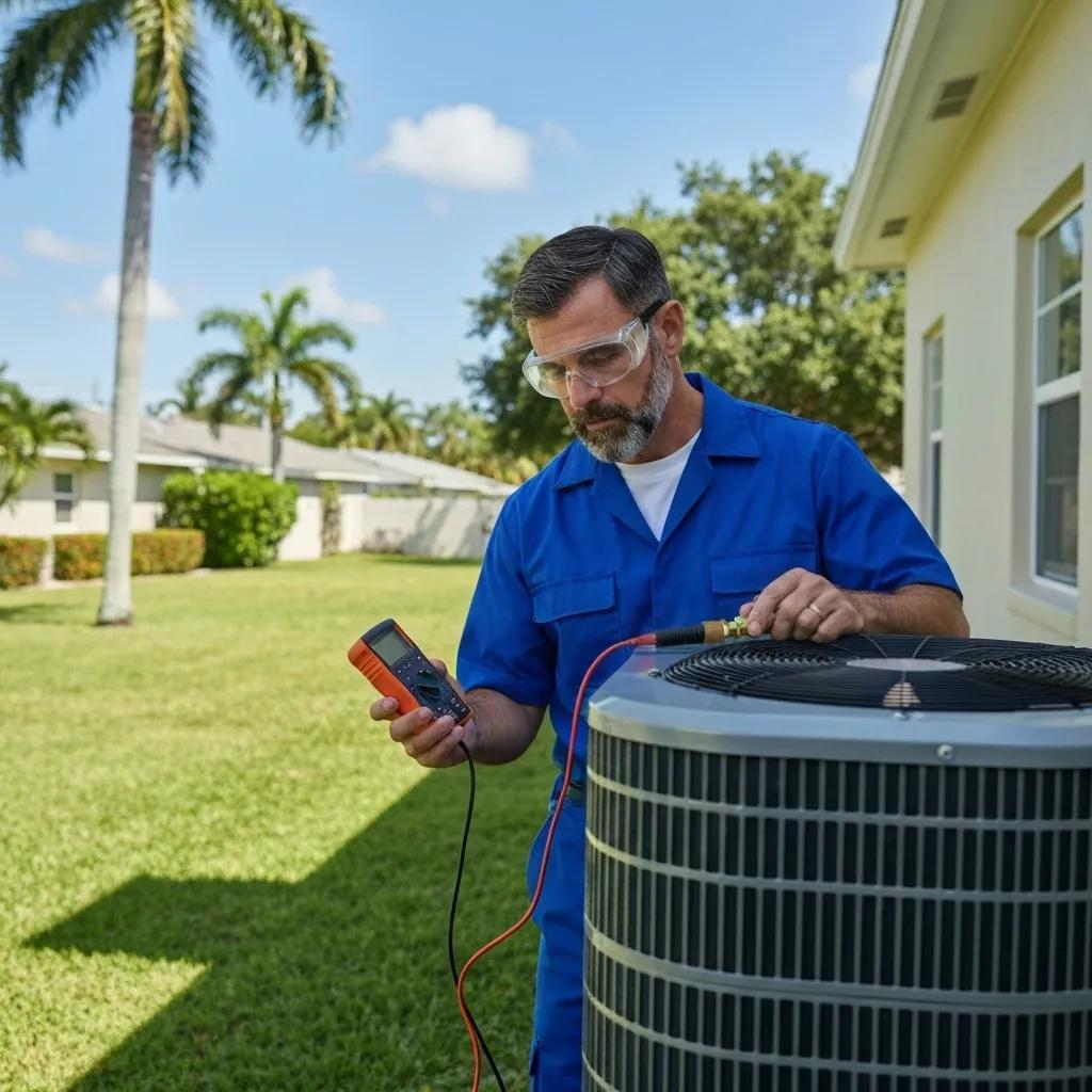 HVAC technician in Miami, FL, performing AC repair service on an outdoor AC unit. Man in blue uniform using a multimeter for air conditioning maintenance.