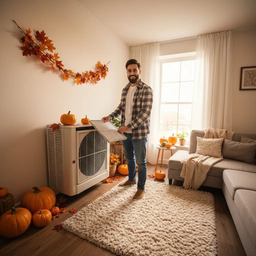 Man inspecting HVAC filter next to air conditioning unit in cozy autumn-themed living room with pumpkins and fall decorations.