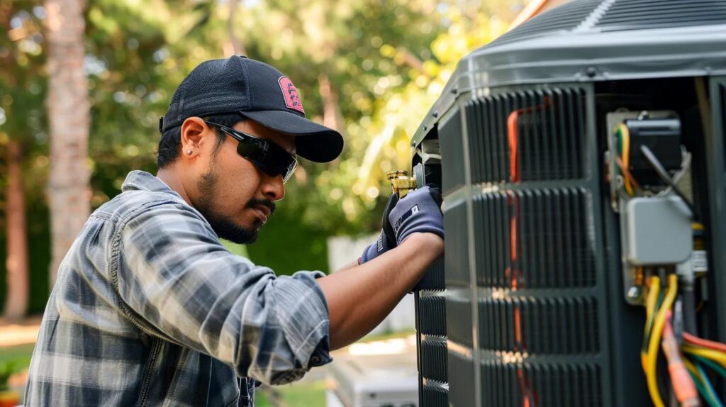 HVAC technician repairs an air conditioner unit. AC maintenance and repair service in Miami, FL. Air conditioning system checkup.