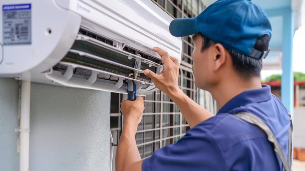 HVAC technician performing maintenance on an air conditioning unit, emphasizing seasonal upkeep for optimal performance in Hialeah's humid climate.