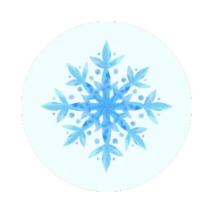 Watercolor snowflake design on a white circle. Winter themed graphic element for holiday season. Blue snowflake illustration for winter in Miami, FL.