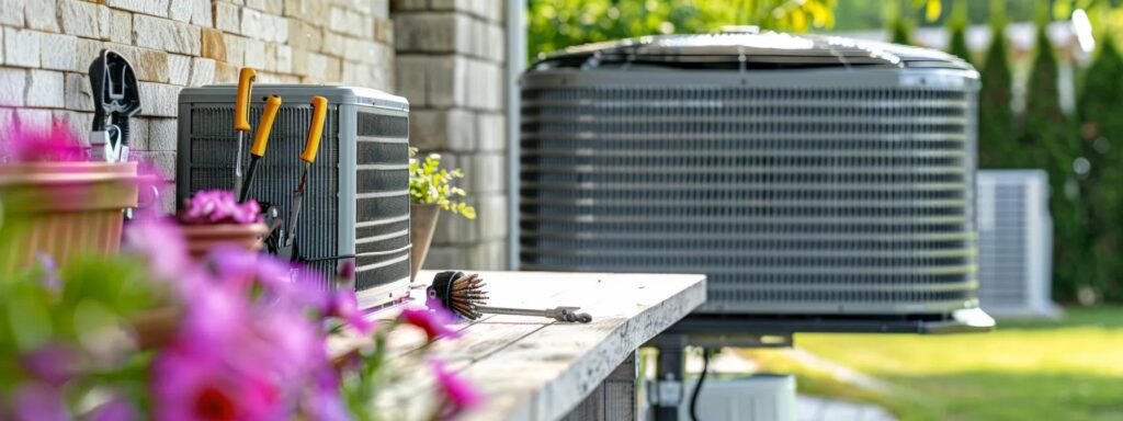 HVAC system on a workbench with tools. Air conditioning maintenance in Miami, FL. Residential AC unit repair and service. Home cooling solutions.