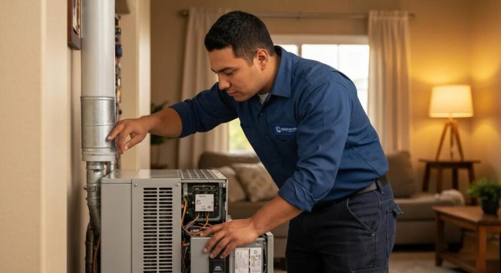 HVAC technician performing maintenance on an indoor heating unit