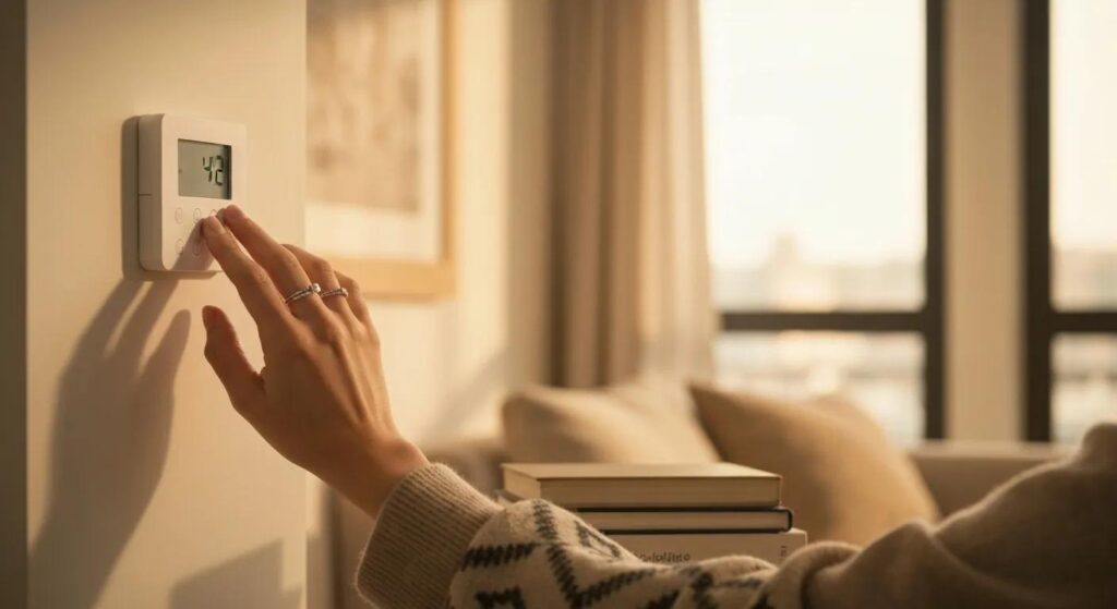 Close-up of a hand adjusting a thermostat in a cozy living room