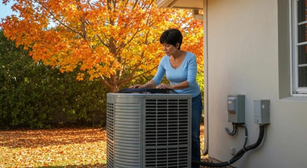 Woman performing maintenance on an outdoor HVAC unit surrounded by autumn foliage, emphasizing seasonal HVAC upkeep for Hialeah homeowners.