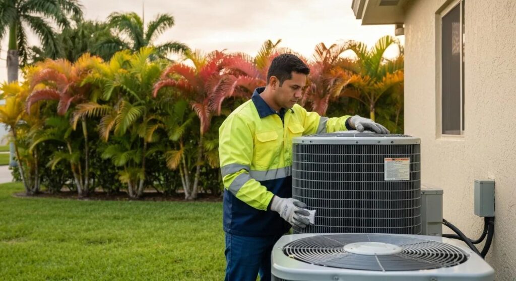 HVAC technician inspecting an air conditioning unit in Miami, FL. AC repair and maintenance for home cooling systems.