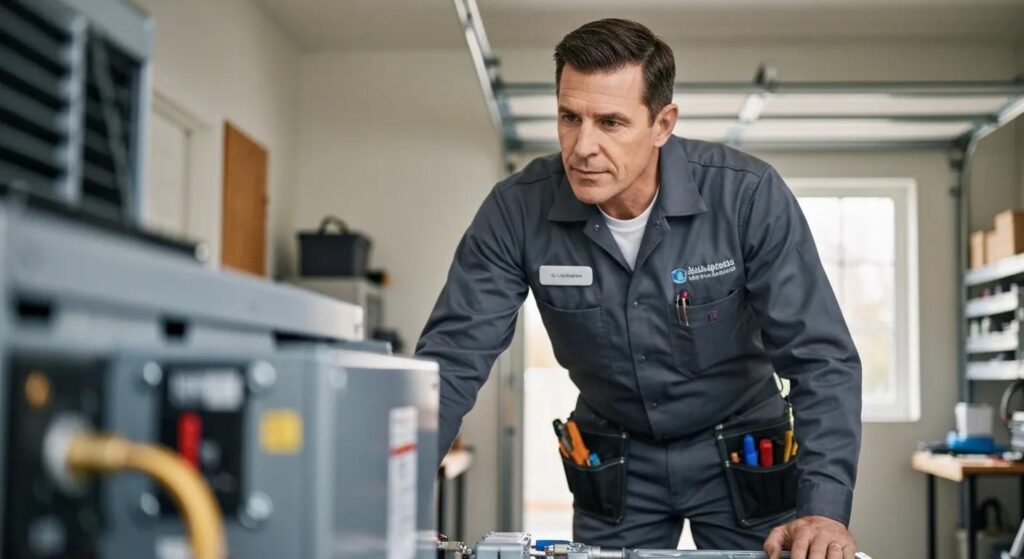 HVAC technician in Miami, FL, inspecting a unit. Professional service for your home's heating and cooling system. Expert maintenance shown.