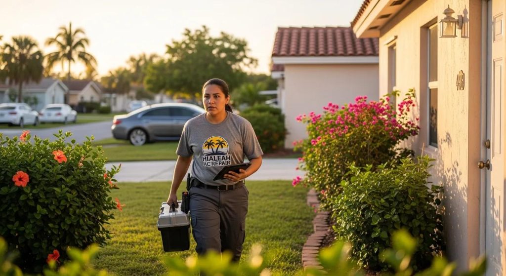 Hialeah technician responding to an emergency AC repair call, showing speed and professionalism
