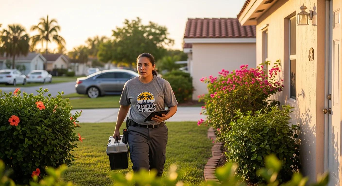 Hialeah technician responding to an emergency AC repair call, showing speed and professionalism
