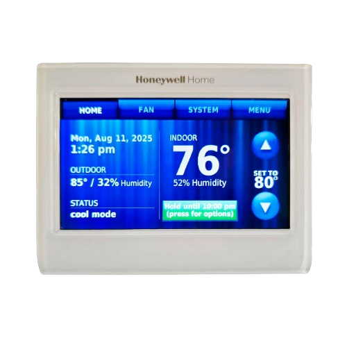 Touchscreen programmable thermostats display in Hialeah, FL showing indoor temperature and settings for energy efficiency and home comfort.
