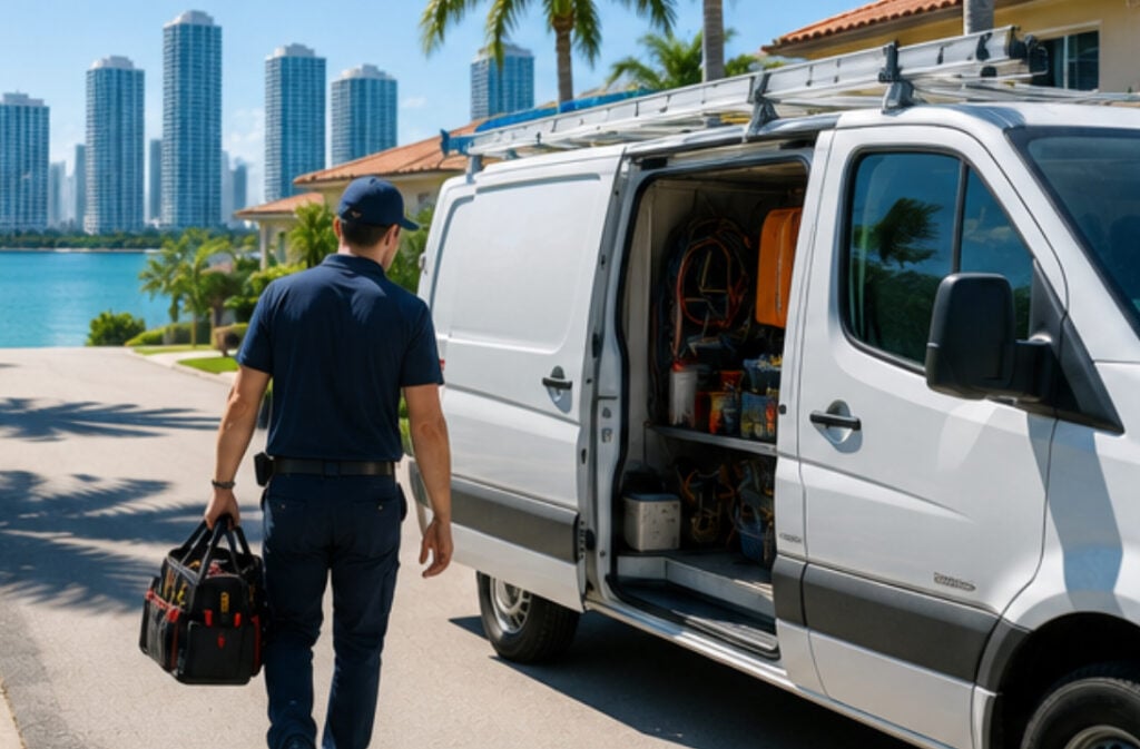 Service technician carrying a tool bag toward a work van for an AC repair service call on a sunny day in Miami, FL residential